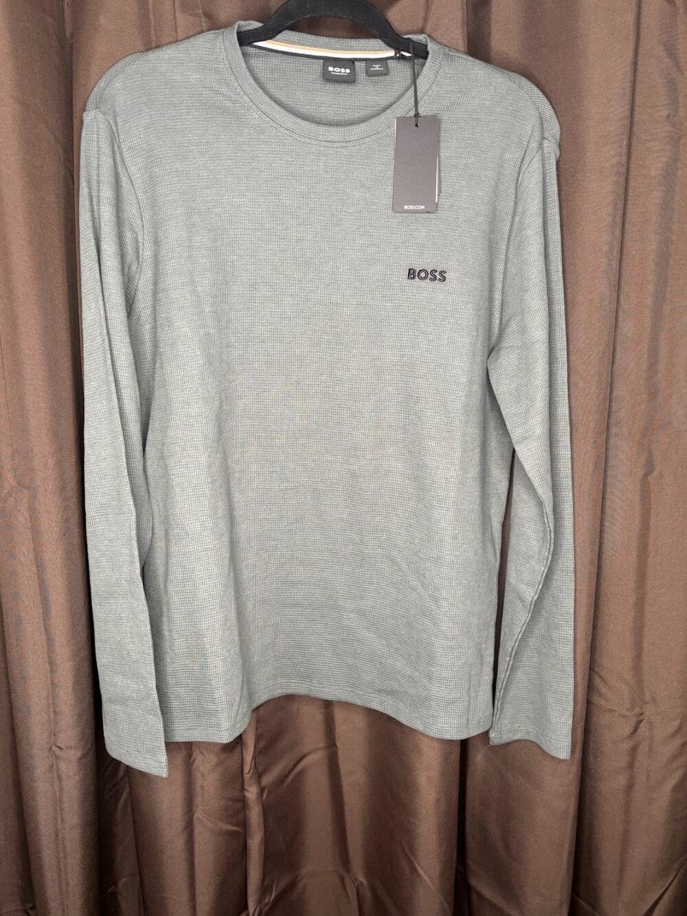 NWT BOSS Hugo Boss Homewear Waffle Knit Long Sleeve Lounge Shirt Gray Mens S